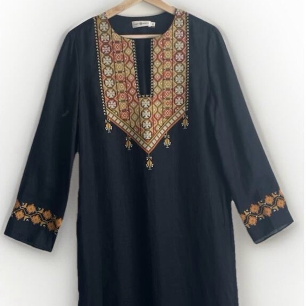 Tory Burch Caftan Size Small Linen Embroidered Black Maxi Dress